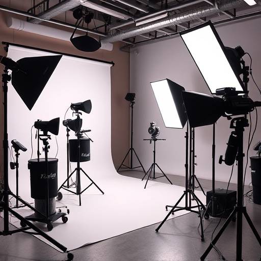 A variety of professional photography and videography equipment used in the studio