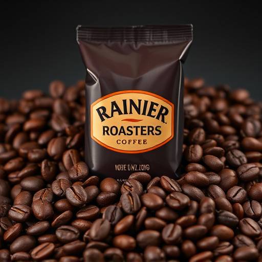 Product photography for 'Rainier Roasters' coffee beans, showcasing rich colors and textures